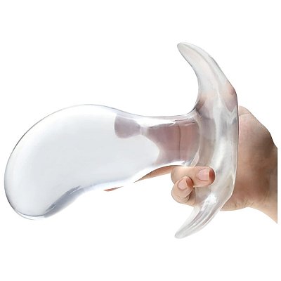 PLUG ANAL MASCULINO TRANSPARENTE MASSAGEADOR DE PRÓSTATA COM DIÂMETRO SINUOSO E ALÇA - 21X8CM