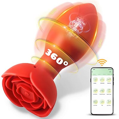 Red Rose Butt Plug - Plug anal recarregável giratória com vibração com controle via aplicativo - cor vermelha