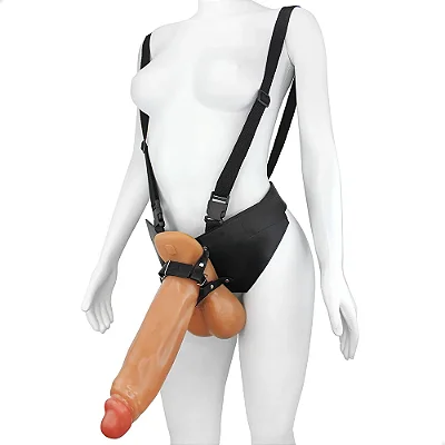 Realistic big strapon Malvado - Cinta peniana com suspensório ajustável realístico flexível com escroto - 32x8,5cm - cor bege