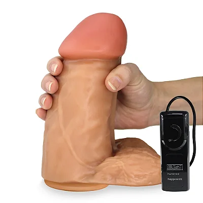 Realistic big dildo Massaranduba - Pinto de borracha realístico flexível com escroto, vibrador e ventosa - 18x7,6cm - cor bege