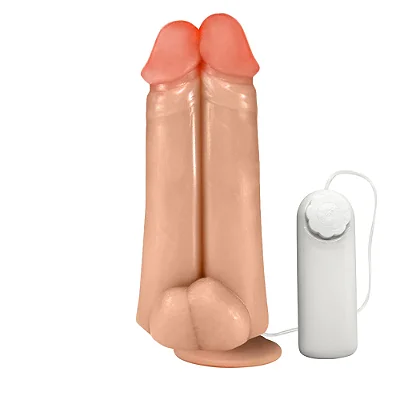 Realistic big dildo Duplo Amigos- Pinto de borracha realístico para dupla penetração vaginal e anal flexível com escroto, vibrador e ventosa - 18,9x6,9cm - cor bege