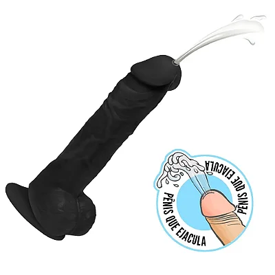 Realistic big dildo Eros Ejaculador - Pinto de borracha realístico flexível com escroto, ventosa e ejacula - 20x4,5cm - cor preta