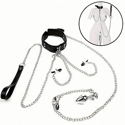 Coleira com grampo de mamilo e plug anal