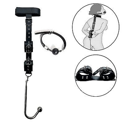 Algema com coleira e mordaça com gancho plug anal em aço inox