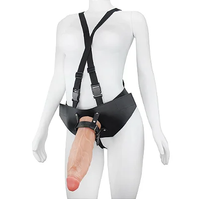Realistic big strapon Jatobão - Cinta peniana com suspensório ajustável realístico flexível com escroto - 27x8cm - cor bege