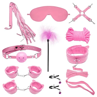 Kit bondage sado erótico com 11 Produtos - cor rosa
