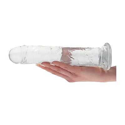 Pênis grande realístico de silicone transparente com saliências em alto relevo e ventosa - 18 x 3,5cm