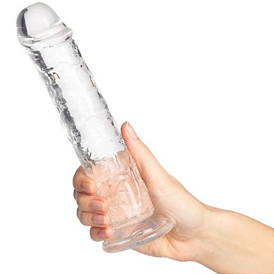Pênis grande realístico de silicone transparente com saliências em alto relevo e ventosa - 20 x 3,8cm
