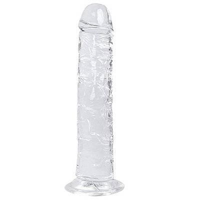 Pênis grande realístico de silicone transparente com saliências em alto relevo e ventosa - 20 x 3,8cm