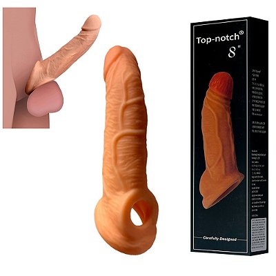 Top Notch Cock Extender Testicle Ring - CAPA PENIANA COM TEXTURA EM CYBER SKIN MACIO E FLEXÍVEL ANEL PARA ESCROTO - 21X4,1CM - COR BEGE