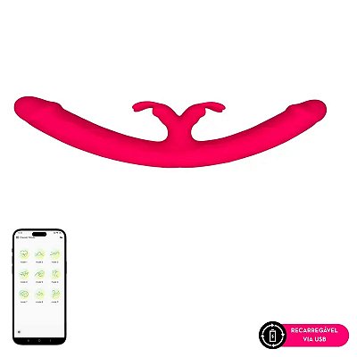 Vibrador duas pontas com estimulador clitoriano central recarregável com controle por aplicativo