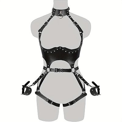 Harness de Couro com Algemas / Pescoço e Cintura