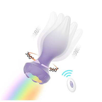 Plug anal recarregável vibratório em silicone com LED rotação 360°e controle remoto - cor lilás