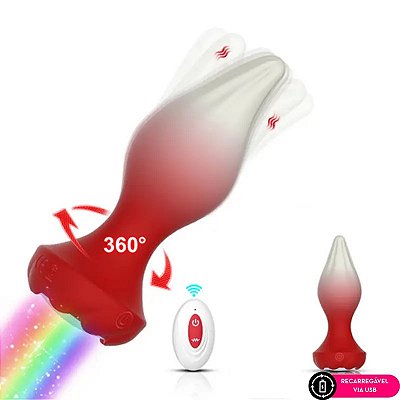 Plug anal recarregável vibratório em silicone com LED rotação 360°e controle remoto - cor vermelha