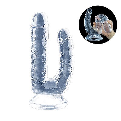Pênis duplo em silicone transparente com ventosa - 22x4 | 15,5x3,5 cm