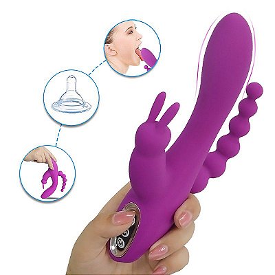 Oley - Vibrador triplo recarregável estimulador de ponto G, clitóris e plug anal