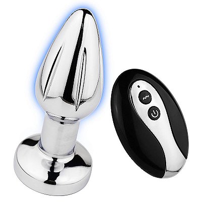 Plug anal em aço inox com vibrador recarregável, luz led colorido e controle remoto sem fio