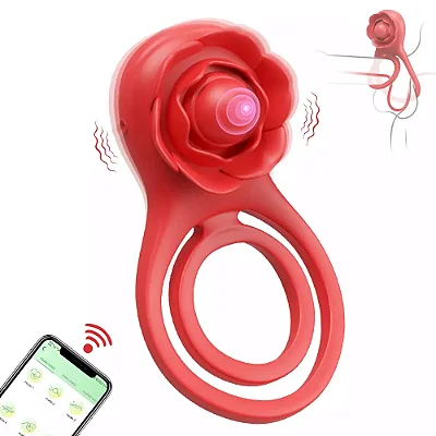 Cock ring rose of love - anel peniano vibratório com alça para escroto com rosa estimuladora de clitóris e controle por aplicativo de celular