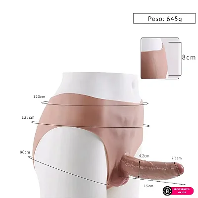 VIBRATING ONE-PIECE PENIS MLSM3245- Cinta em silicone com pênis realístico com vibrador recarregável macio integrado - COR BEGE - 15 x 4,2cm