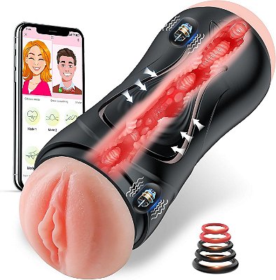 Duplo masturbador masculino com vagina e boca penetráveis vibratório controle por aplicativo de celular