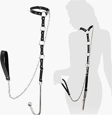 Hook Butt Plug - Coleira com Plug Anal em Formato de Gancho em Aço Inox