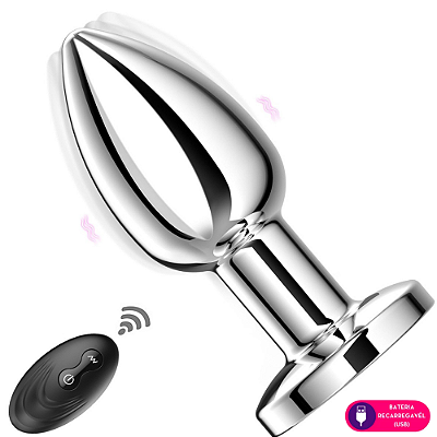 Plug anal recarregável de aço inox com vibro e controle remoto - tamanho P - 7x2,8cm