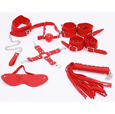 KIT BONDAGE - COLEIRA, GUIA, VENDA, MORDAÇA, ALGEMA, TORNOZELEIRA E CHICOTE - COR VERMELHO