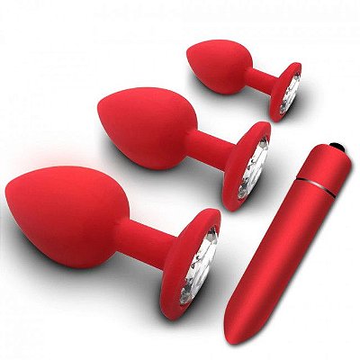 KIT PLUG ANAL EM SILICONE VERMELHO, TAMANHOS P, M E G + CÁPSULA VIBRATÓRIA COM 10 MODOS DE VIBRAÇÃO