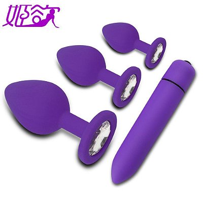 KIT PLUG ANAL EM SILICONE LILÁS, TAMANHOS P, M E G + CÁPSULA VIBRATÓRIA COM 10 MODOS DE VIBRAÇÃO