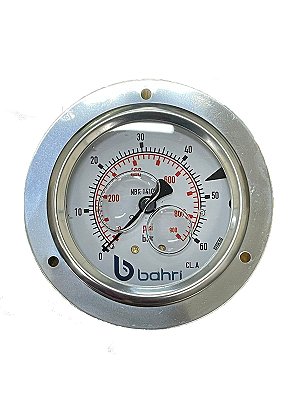 Manômetro Hidráulico Horizontal DN 63 Inox 304 0~60 bar (0-900 PSI) 1/4" BSP Interno em latão c/ glicerina e c/ Flange