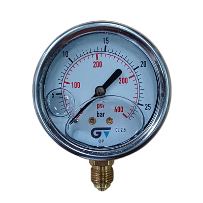 Manômetro Hidráulico Vertical DN 63 Inox 304 0~25 bar (0-400 PSI) 1/4" BSP Interno em latão c/ glicerina e c/ Flange