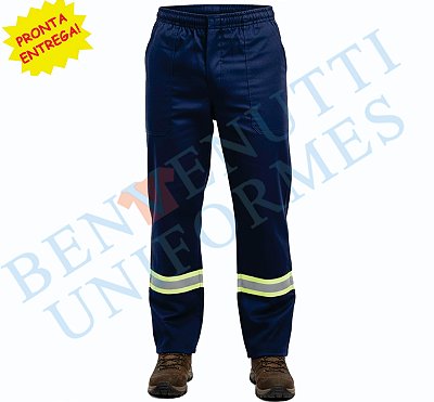 Calça brim azul marinho com faixa refletiva
