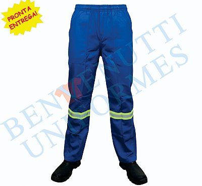 Calça brim azul royal com faixa refletiva