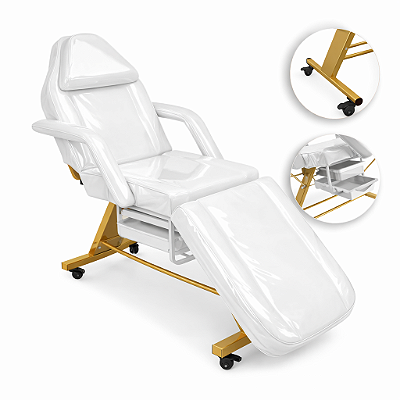 Poltrona Maca Fixa Reclinável Soft Branca Plastificada base Dourado Com 2 Bandejas - Akmed
