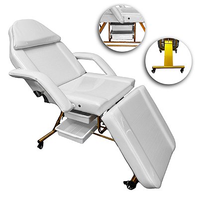 Poltrona Maca Fixa Reclinável Soft Branca Plastificada base Dourado Com 2 Bandejas - Akmed