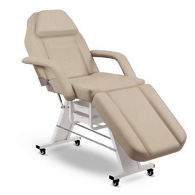 Maca Poltrona Fixa Estética Reclinável Soft Bege base Branco Com 2 Bandejas - Akmed