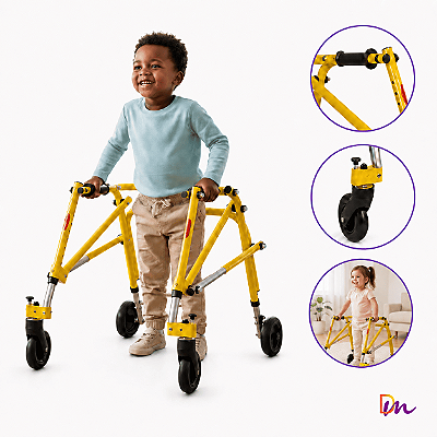 Andador Posterior Para Locomoção e Reabilitação Com 4 Rodas Amarelo Tamanho P - Mercur