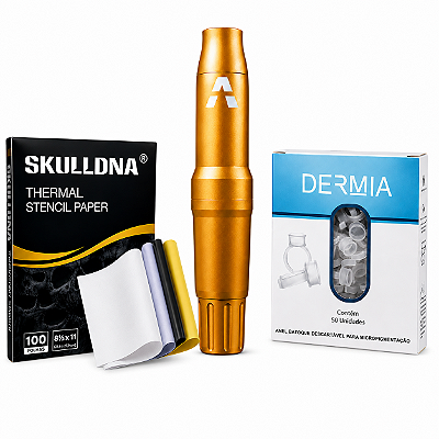 Pen Adapt Maquina Rotativa De Tatuagem DOURADA + BATOQUES + PAPEL THERMAL