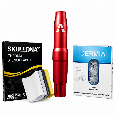 Pen Adapt Maquina Rotativa De Tatuagem VERMELHO + BATOQUES + PAPEL THERMAL