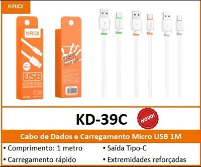 Cabo Usb Tipo-C Kaidi Branco 1 Metro