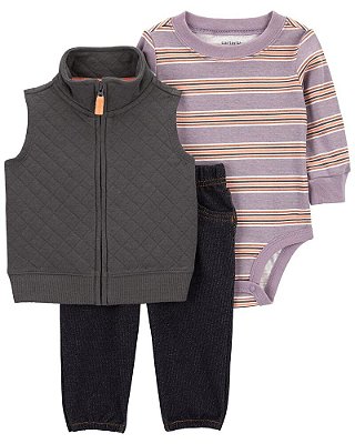 CONJUNTO COLETE 3 PEÇAS CARTER'S - LISTRAS CINZA - MENINO