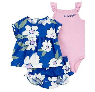 CONJUNTO VERÃO 3 PEÇAS CARTER'S - FLORAL AZUL - MENINA