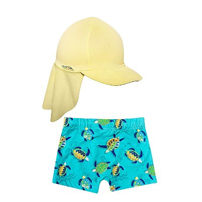 MODA PRAIA KIT SHORT SUNGA E BONÉ TIP TOP TODDLER - COLEÇÃO TARTARUGAS - PROTEÇÃO UV50+ - MENINO