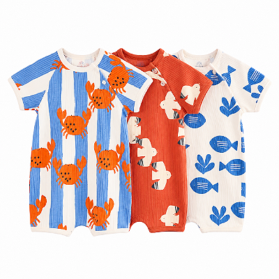 KIT 3 MACACÕES ROMPERS NEXT BABY - CARANGUEJOS, PEIXES & PRAIA - MENINO