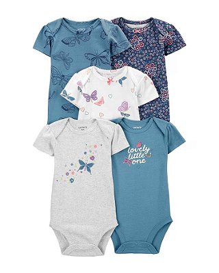 KIT 5 BODIES MANGA CURTA CARTER'S - BORBOLETA E FLORAL AZUL - MENINA