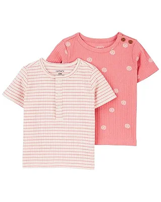 KIT 2 CAMISETAS MANGA CURTA CARTER'S - ROSA FLORAL & LISTRADO - MENINA