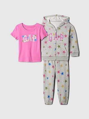 CONJUNTO FLANELADO 3 PEÇAS GAP - ESTRELINHAS ROSA - MENINA
