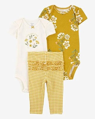 CONJUNTO 3 PEÇAS CARTER'S - FLORAL MOSTARDA XADREZ- MENINA