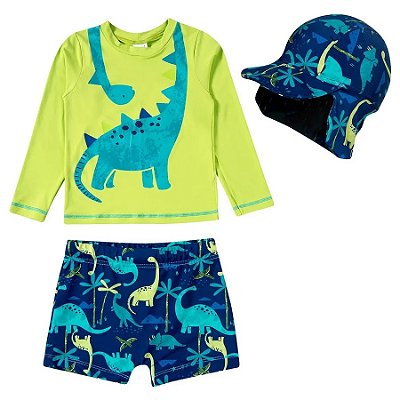 MODA PRAIA CONJUNTO 3 PEÇAS TIP TOP KIDS - DINO - PROTEÇÃO UV50+ - MENINO