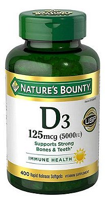 VITAMINA D3 125MCG (5000UI) NATURE´S BOUNTY - 400 CÁPSULAS - ADULTO